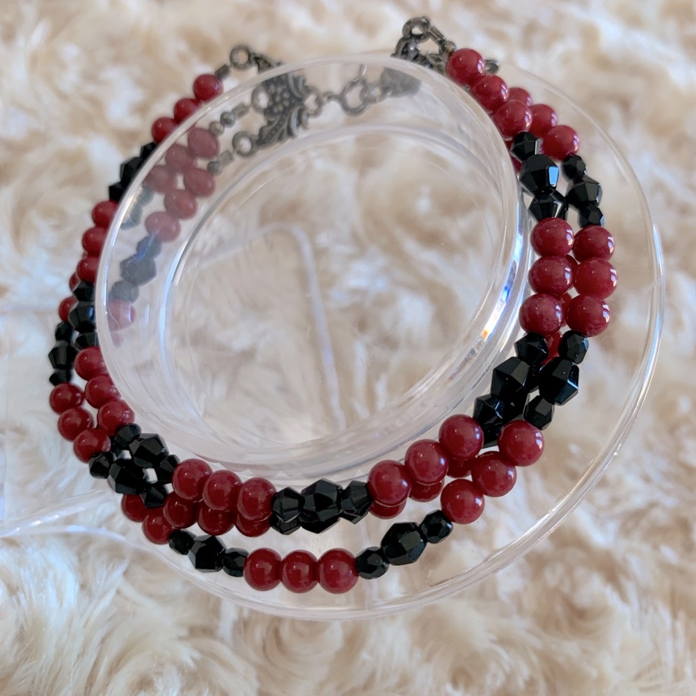 Sterling Silver Bordeaux Agate Black Crystal Bracelet